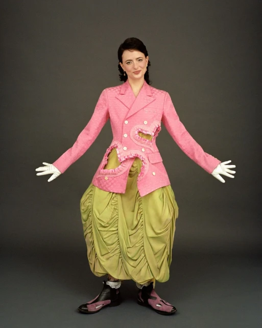 A woman in a pink jacket and green skirt poses in a studio with her arms outstretched against a solid grey background.