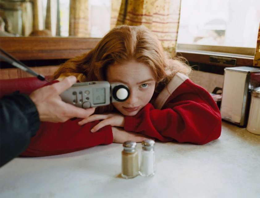 A photographer uses a light meter on a red-haired adult female in a diner setting, seated at a table with salt and pepper shakers.