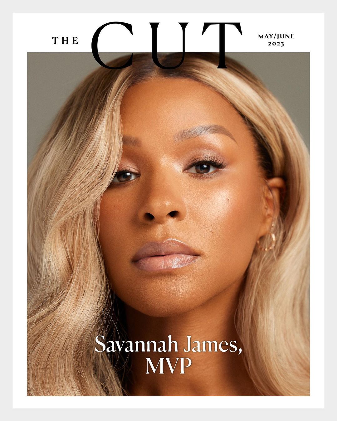 Magazine cover featuring Savannah James with blonde hair and natural makeup in a close-up shot with soft lighting and a neutral background.