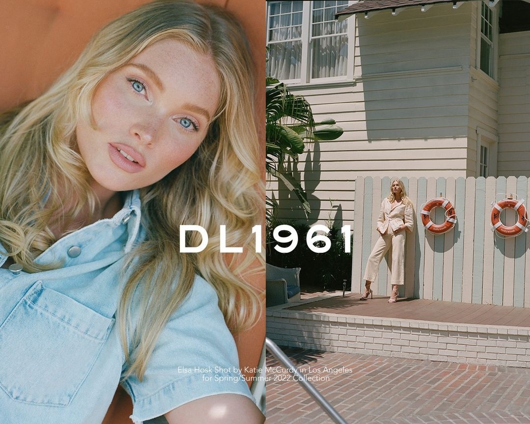 Blonde model Elsa Hosk poses in a denim shirt; another woman stands in a cream suit outside a white building for DL1961 ad.