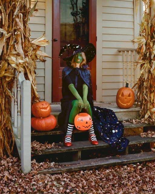 Young witch in costume sits on porch steps with jack-o'-lanterns. Festive fall Halloween scene with seasonal decor and traditional dress.