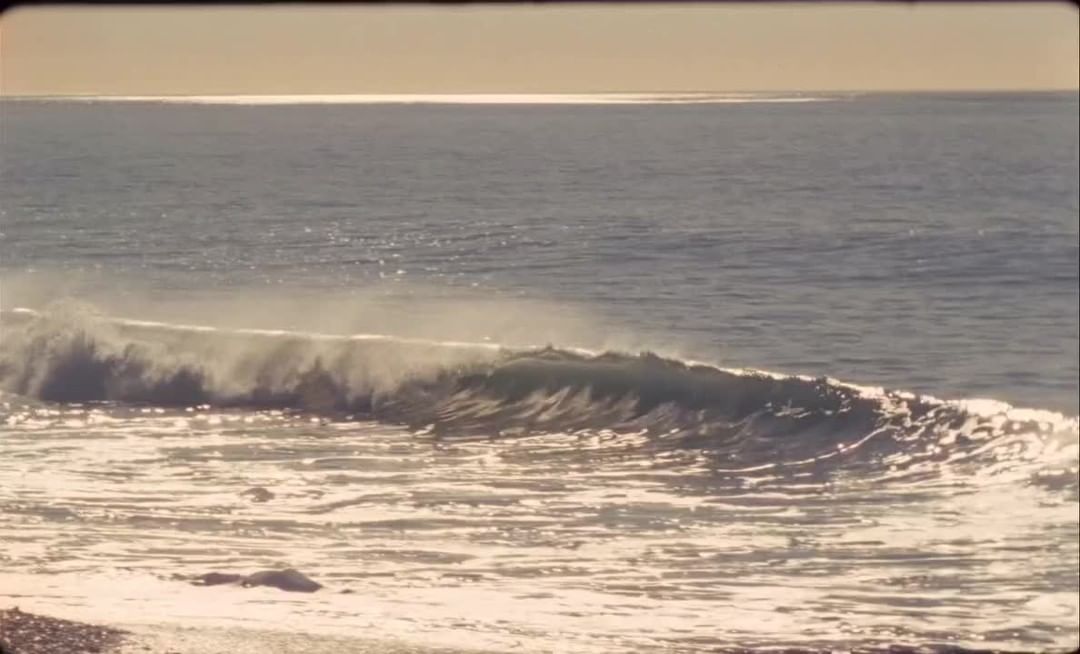 Ocean wave breaking near the shore on a sunny day. The water is turquoise blue and the sky is a soft golden color.