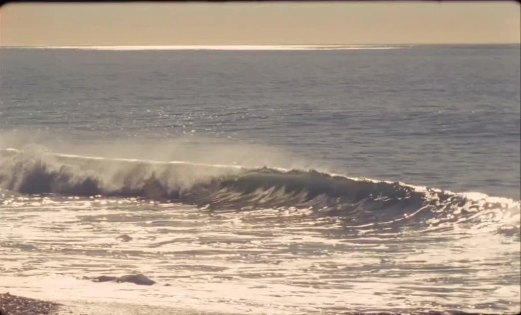 Ocean wave breaking near the shore on a sunny day. The water is turquoise blue and the sky is a soft golden color.