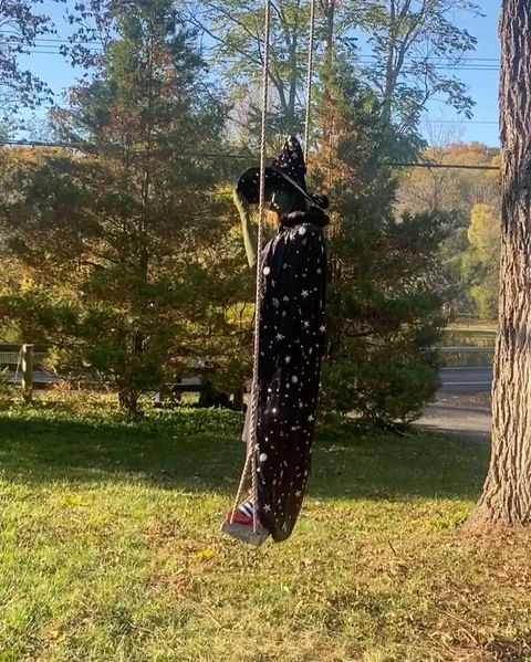 Halloween witch decoration on a swing hanging from a tree in a yard with green grass and trees on a sunny day.