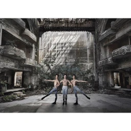 Three male ballet dancers in grey tights posing inside a derelict, ruined building with overgrown vegetation