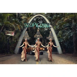 Three female performers in cabaret costumes posing beneath the Tropicana arch with a vintage car and hanging chandeliers in the background.