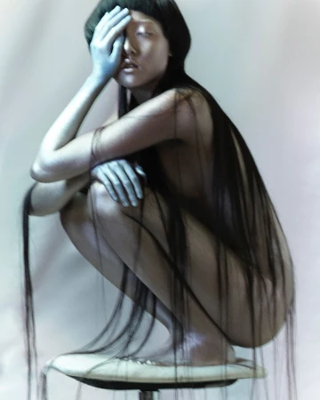 Adult female crouching on a white stool with face partially covered by hand, long black hair falling over stool. Silver body paint visible.