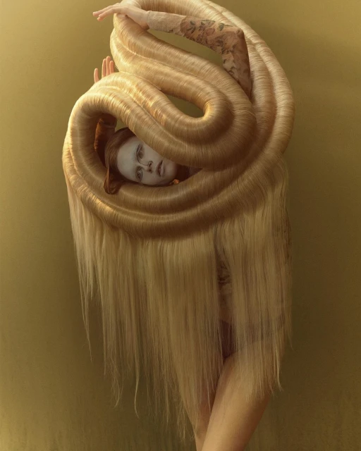 Artistic portrait of a person surrounded by a large arrangement of blonde hair against a muted yellow background, fashion-forward.