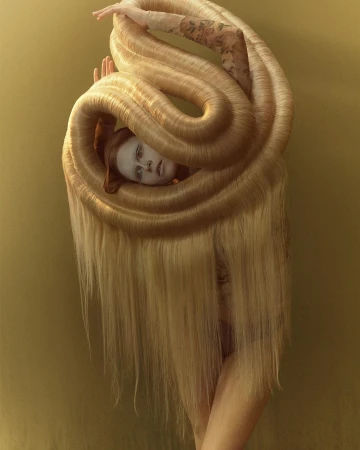 Artistic portrait of a person surrounded by a large arrangement of blonde hair against a muted yellow background, fashion-forward.