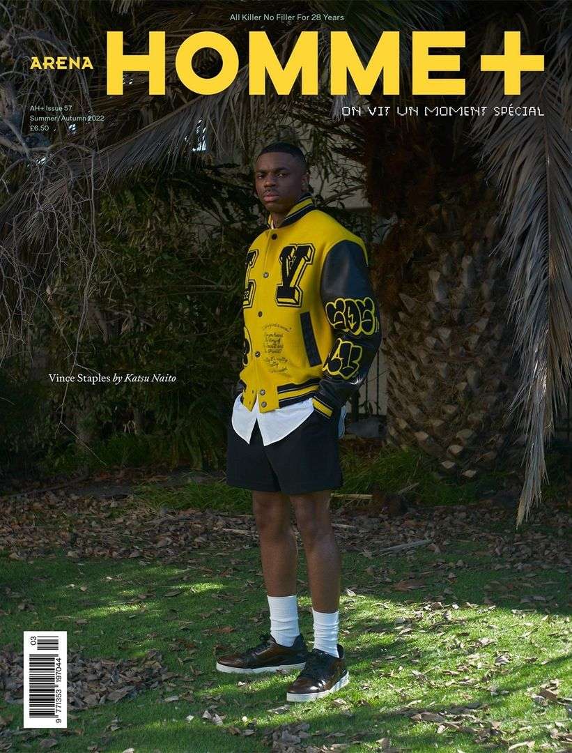 Arena Homme+ magazine cover featuring a full shot of Vince Staples in a yellow varsity jacket, black shorts, and sneakers.