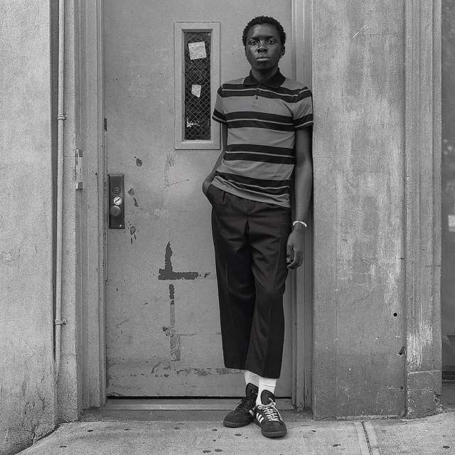 A young Black man leans against a weathered doorway in a medium shot, showcasing a striped polo shirt, dark trousers, and sneakers.