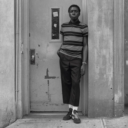 A young Black man leans against a weathered doorway in a medium shot, showcasing a striped polo shirt, dark trousers, and sneakers.