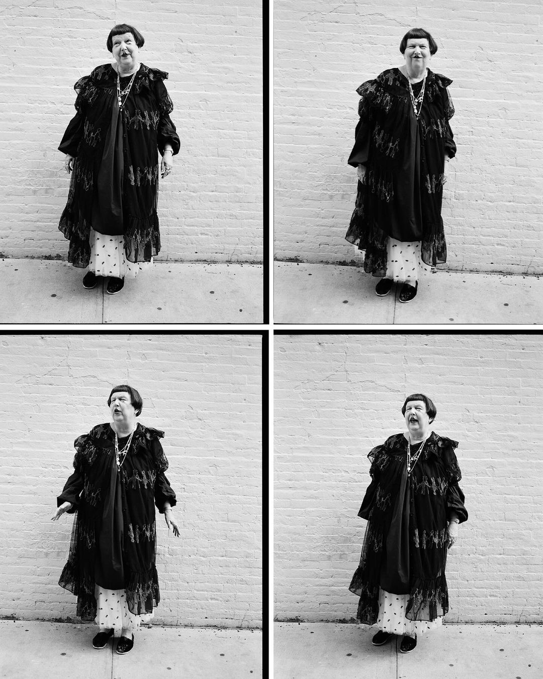 Black and white photo collage of an elderly woman in a dark gown standing in front of a brick wall with varying expressions.
