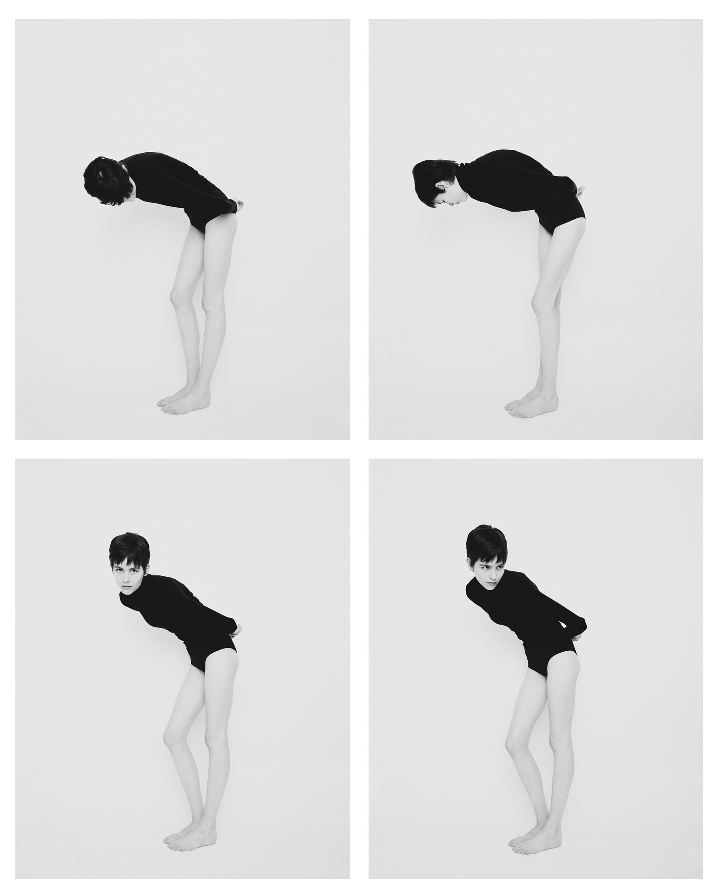 Four images of a slender person with short dark hair wearing a black bodysuit, striking bent poses against a plain white background.