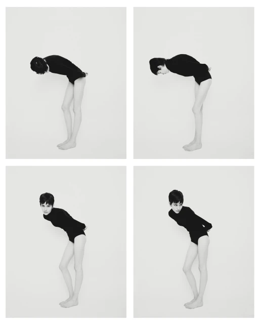 Four images of a slender person with short dark hair wearing a black bodysuit, striking bent poses against a plain white background.
