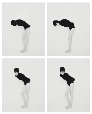 Four images of a slender person with short dark hair wearing a black bodysuit, striking bent poses against a plain white background.