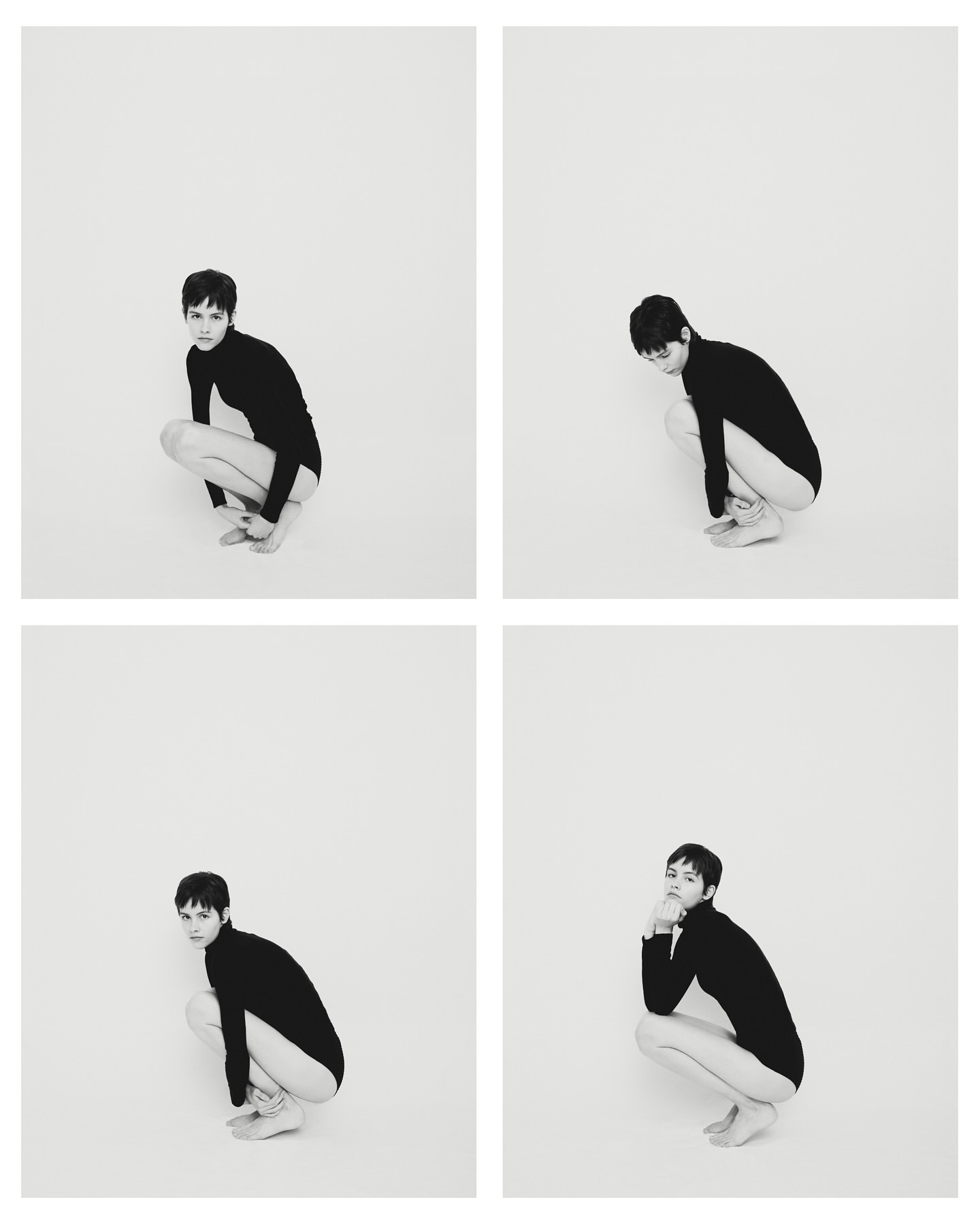 Four black and white studio portraits of a young adult woman with short dark hair, crouching and looking at the camera against a white backdrop.