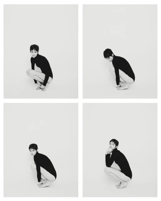Four black and white studio portraits of a young adult woman with short dark hair, crouching and looking at the camera against a white backdrop.