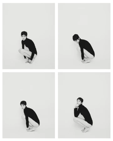 Four black and white studio portraits of a young adult woman with short dark hair, crouching and looking at the camera against a white backdrop.