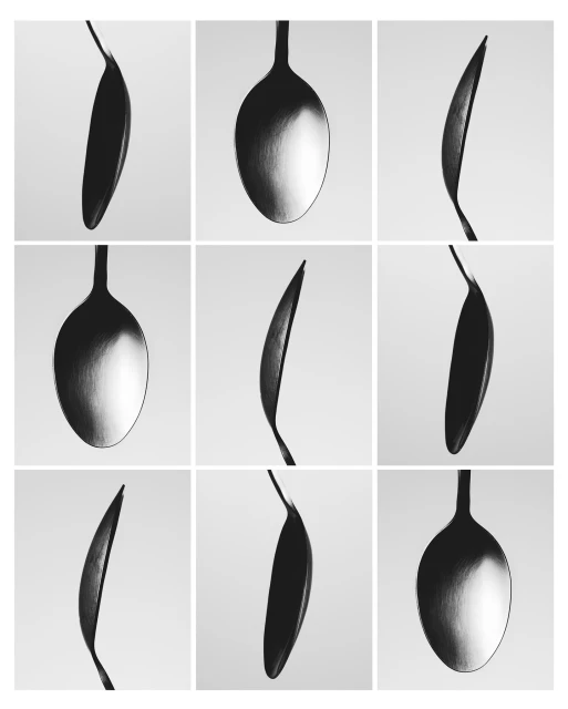 Monochrome grid of nine metallic spoons in varying perspectives against a solid, light background, showing diverse angles and textures.