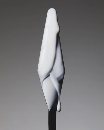 Abstract close-up of a white, stylized, cone-shaped object with smooth, flowing lines against a soft grey gradient background.