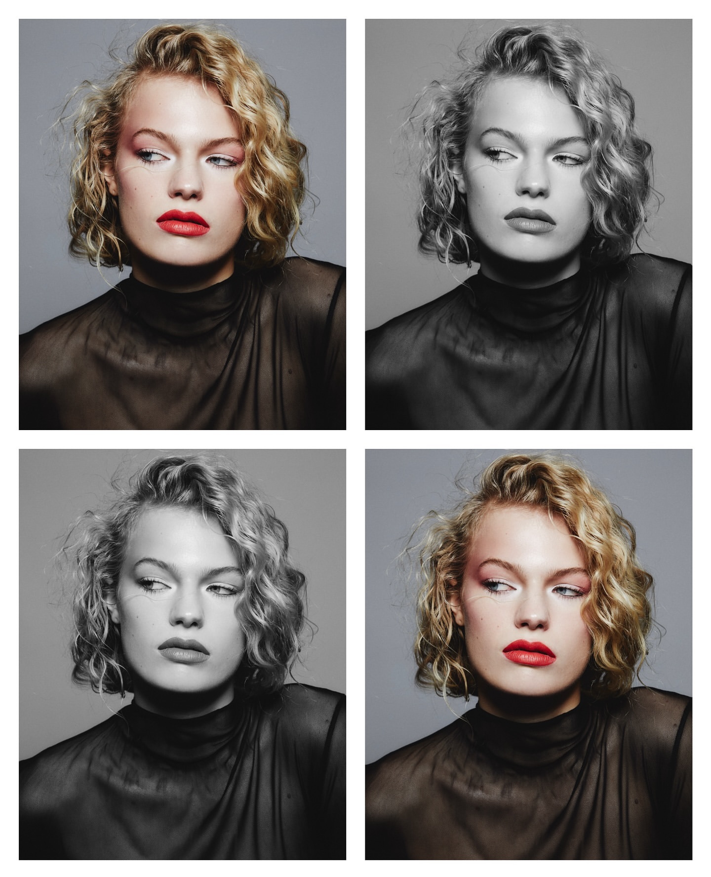 Fashion portrait of a woman with blonde curly hair and red lipstick posing in front of a gray background with grayscale variants.