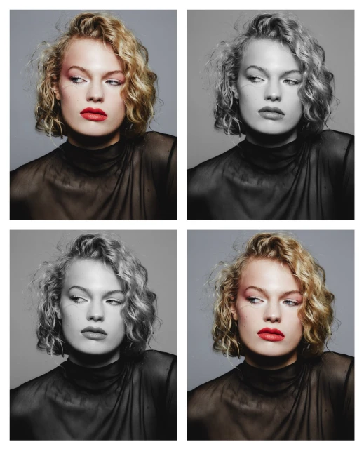 Fashion portrait of a woman with blonde curly hair and red lipstick posing in front of a gray background with grayscale variants.