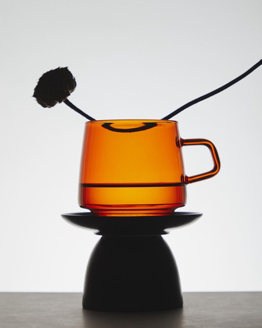 Studio shot of a transparent amber glass mug filled with liquid, resting on a black pedestal with a dark floral stem behind it.