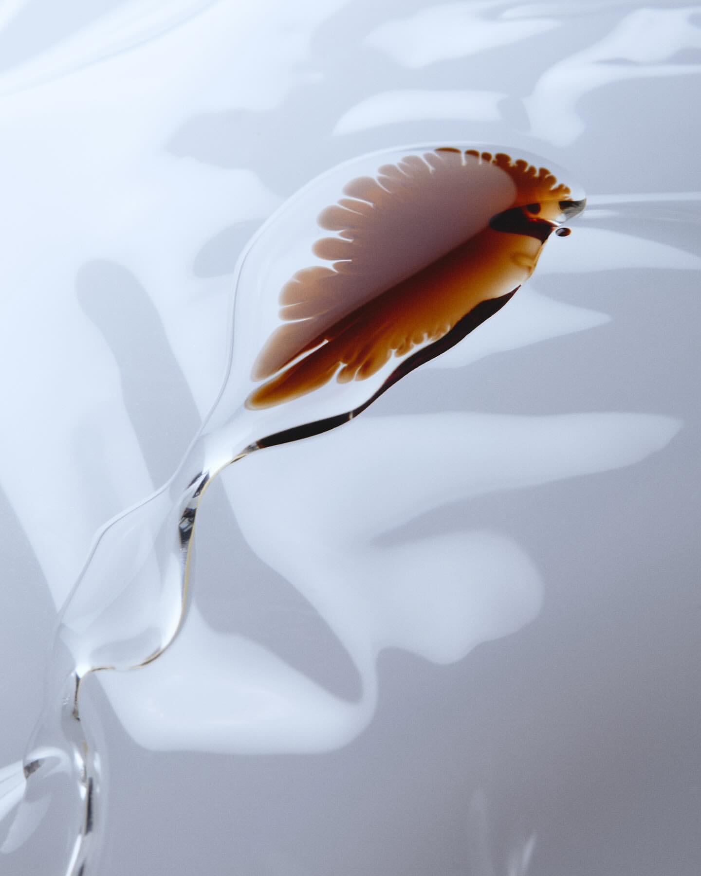 Abstract image featuring a transparent glass sculpture with flowing brown liquid, set against a soft, gradient gray backdrop.