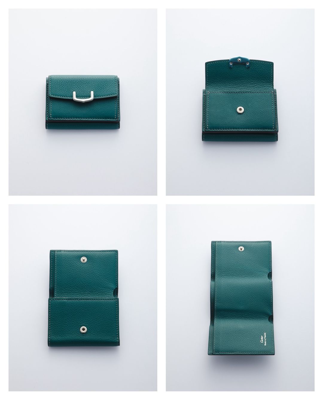 Multiple views of a tri-fold leather wallet in shades of green displayed on a white background, showcasing its design and construction.