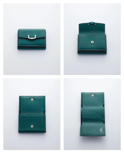 Multiple views of a tri-fold leather wallet in shades of green displayed on a white background, showcasing its design and construction.