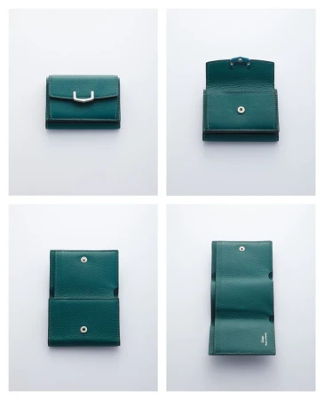 Multiple views of a tri-fold leather wallet in shades of green displayed on a white background, showcasing its design and construction.
