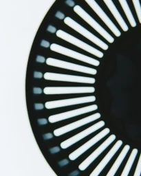 Close-up macro shot of a black and white circular mechanical grille with radiating slot patterns against a white background.