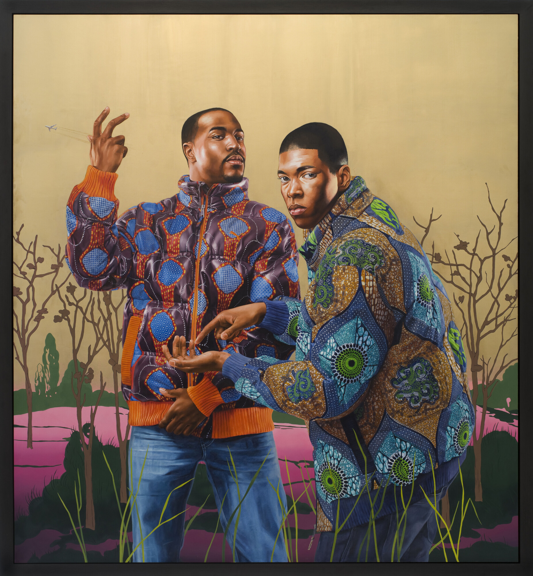 Painting of two adult males in patterned jackets, standing in a grassy area with a gold background and bare trees in the midground.