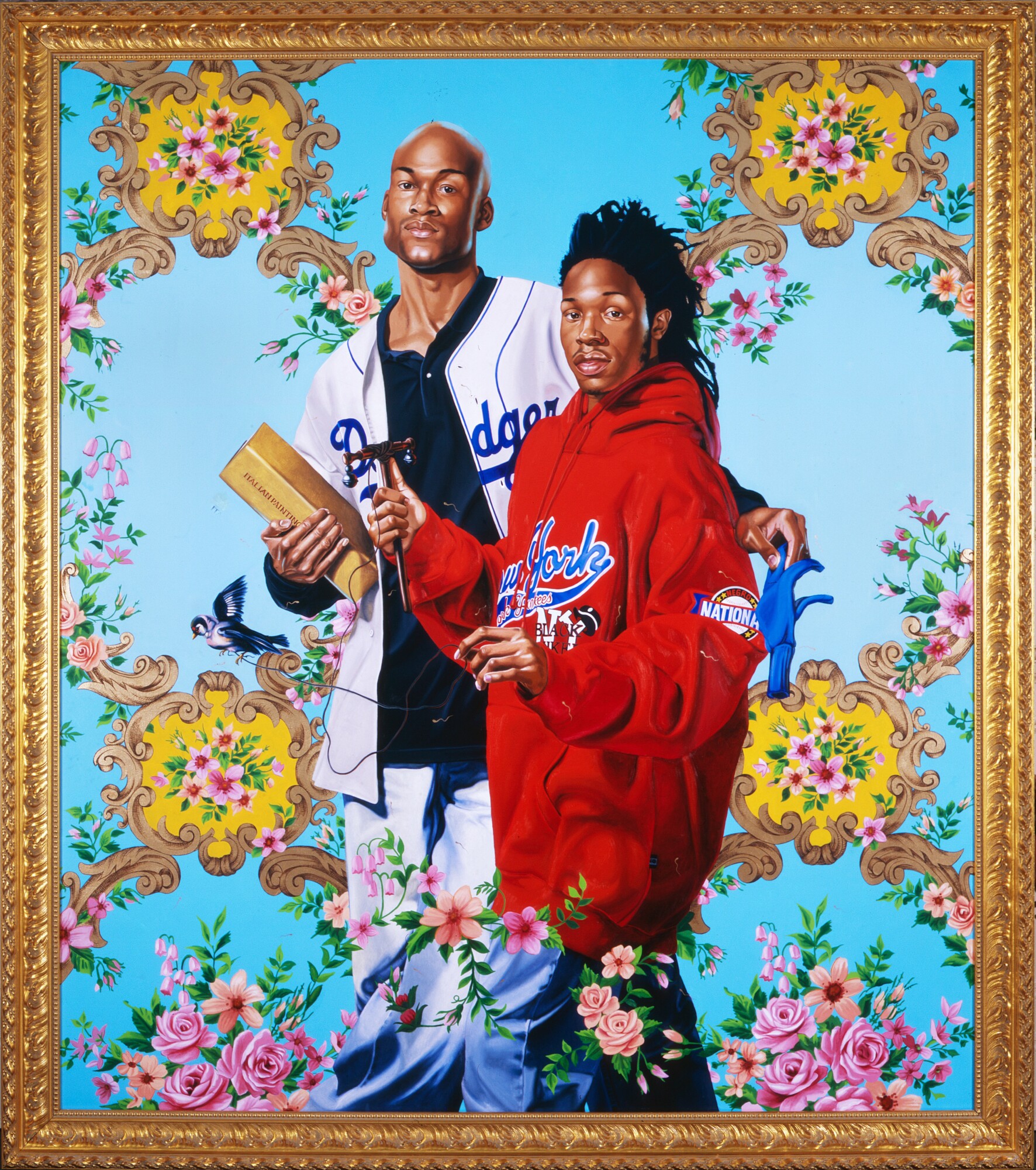 Painting of two men standing against a floral background, one in a baseball uniform and the other in a red hoodie and light colored pants.