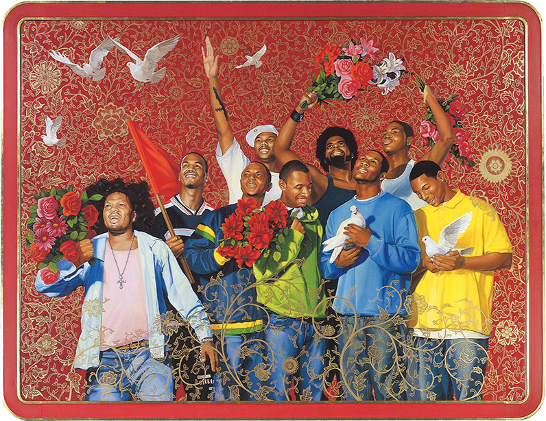 Painted image of a group of nine Black men in casual attire, holding doves and flowers in front of a red patterned backdrop.