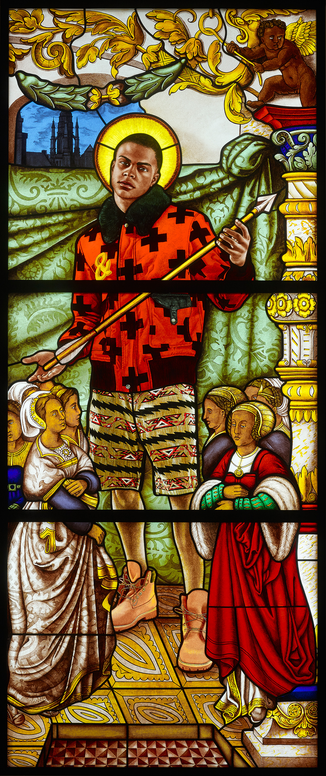 Stained glass artwork featuring a figure in contemporary clothing amidst historical elements and characters, blending modern and classic styles.