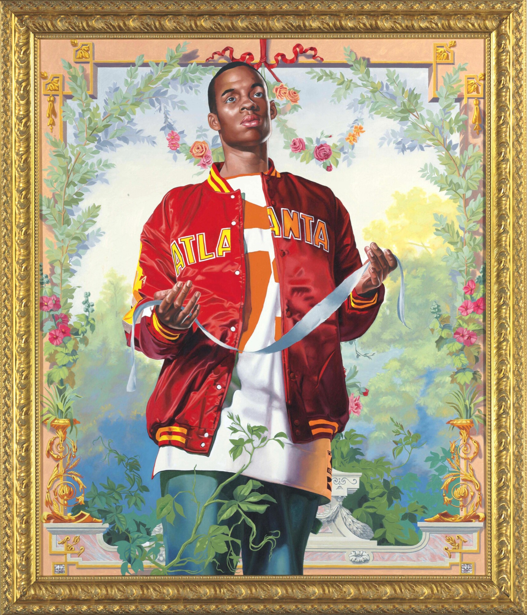 Painting of a young adult man wearing a red and yellow 'Atlanta' jacket, holding a ribbon, framed by floral and architectural elements.