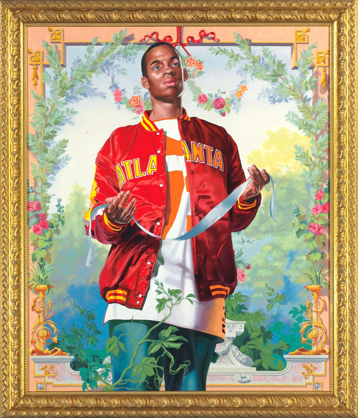 Painting of a young Black man wearing a red varsity jacket holding a ribbon, framed by floral vines and neoclassical columns.