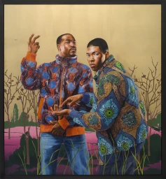 Portrait illustration by Kehinde Wiley featuring two black men wearing patterned puffer jackets against a colorful landscape background