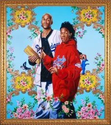 Portrait painting by Kehinde Wiley of two young Black men in casual sportswear against an ornate floral and blue pattern background.