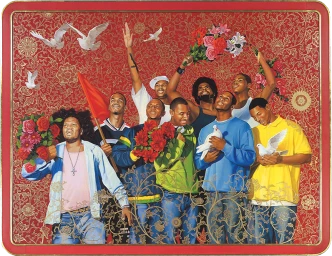 Group of black men holding bouquets of flowers and white doves against a vibrant red patterned background.