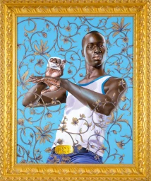 Portrait of a black man wearing a white tank top and blue jeans, framed by an ornate gold frame against a blue floral background.