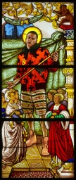 Stained glass window artwork featuring a young Black man holding a spear, surrounded by historical figures.