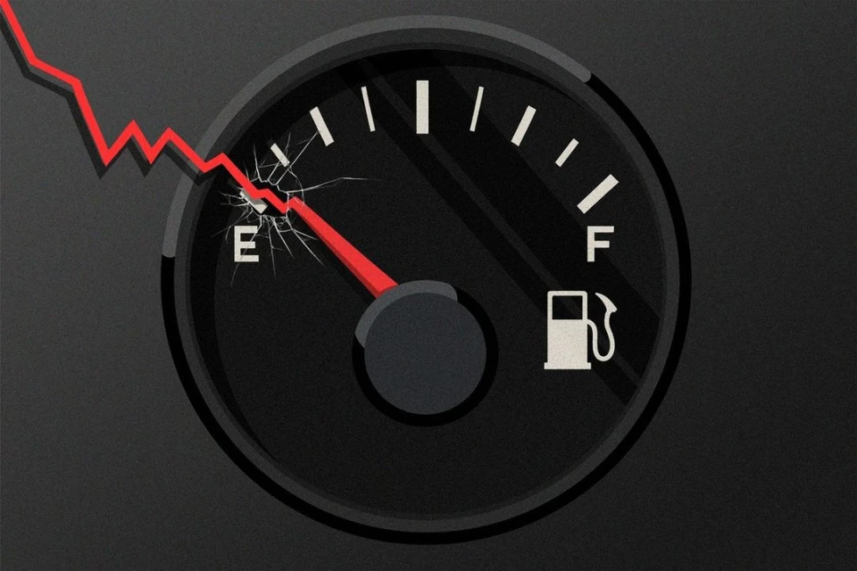 Illustration of a car gas gauge at empty with a red line showing a downward trend, with cracks on the gauge cover.