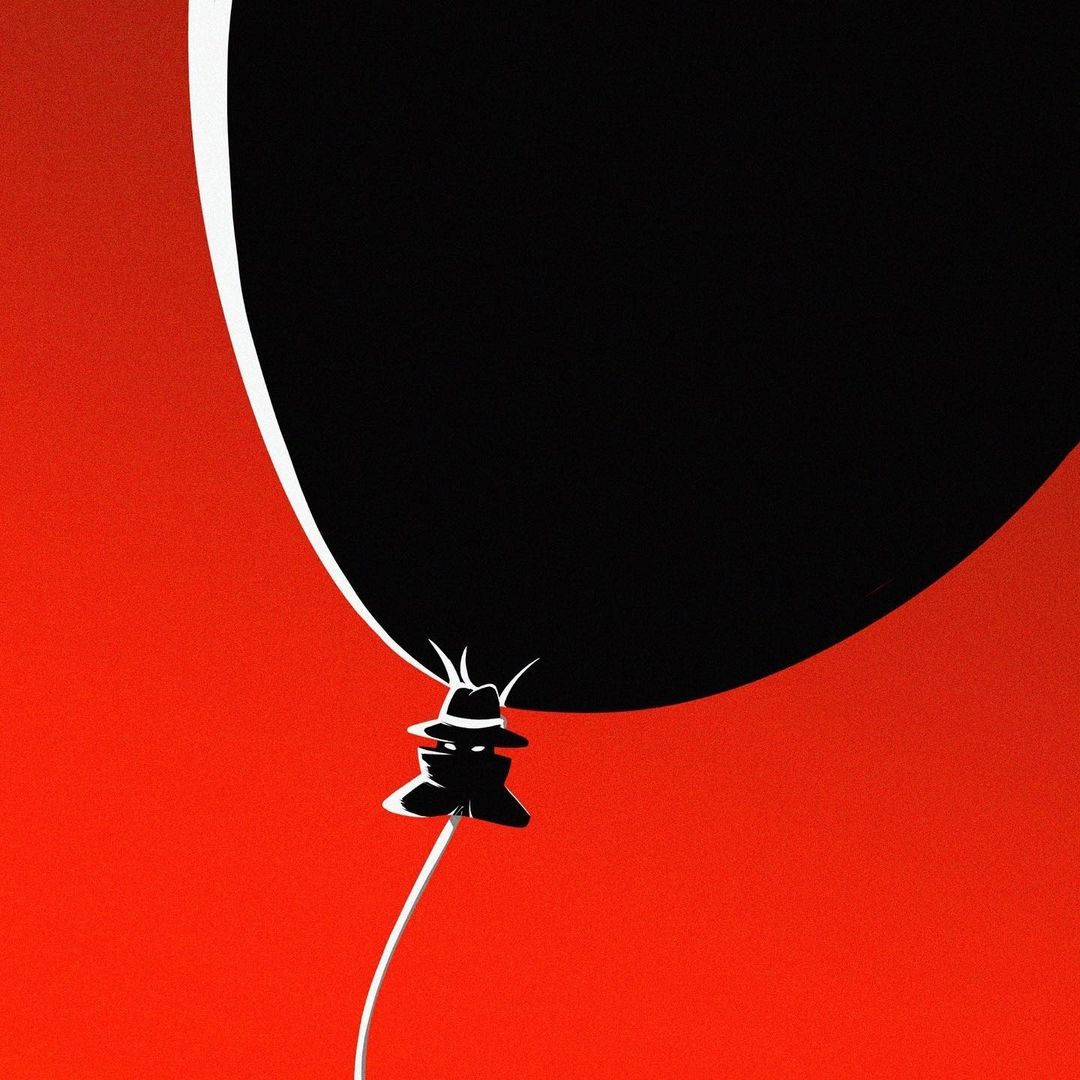 Stylized graphic art of a silhouetted figure wearing a fedora, attached to a black balloon, against a bright red background.