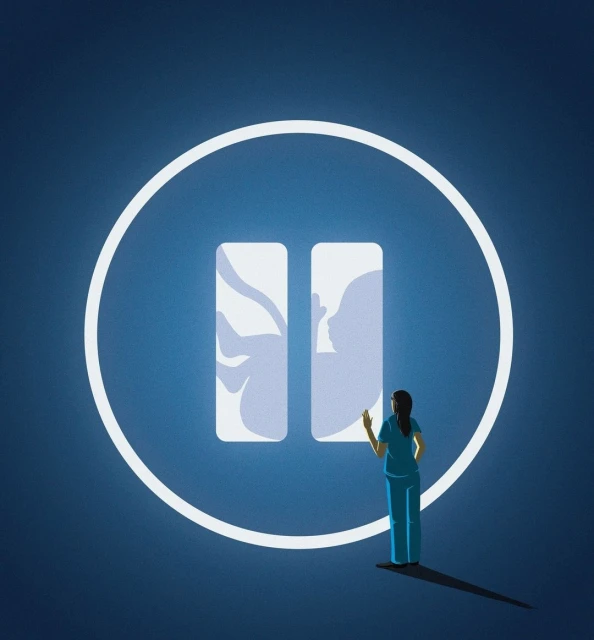 Illustration of a healthcare worker gesturing towards a stylized pause button graphic with silhouetted fetuses in utero, on blue background.