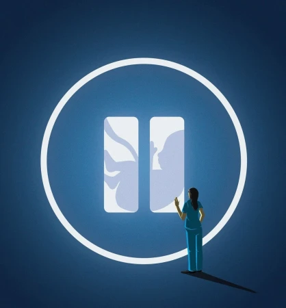 Illustration of a healthcare worker gesturing towards a stylized pause button graphic with silhouetted fetuses in utero, on blue background.