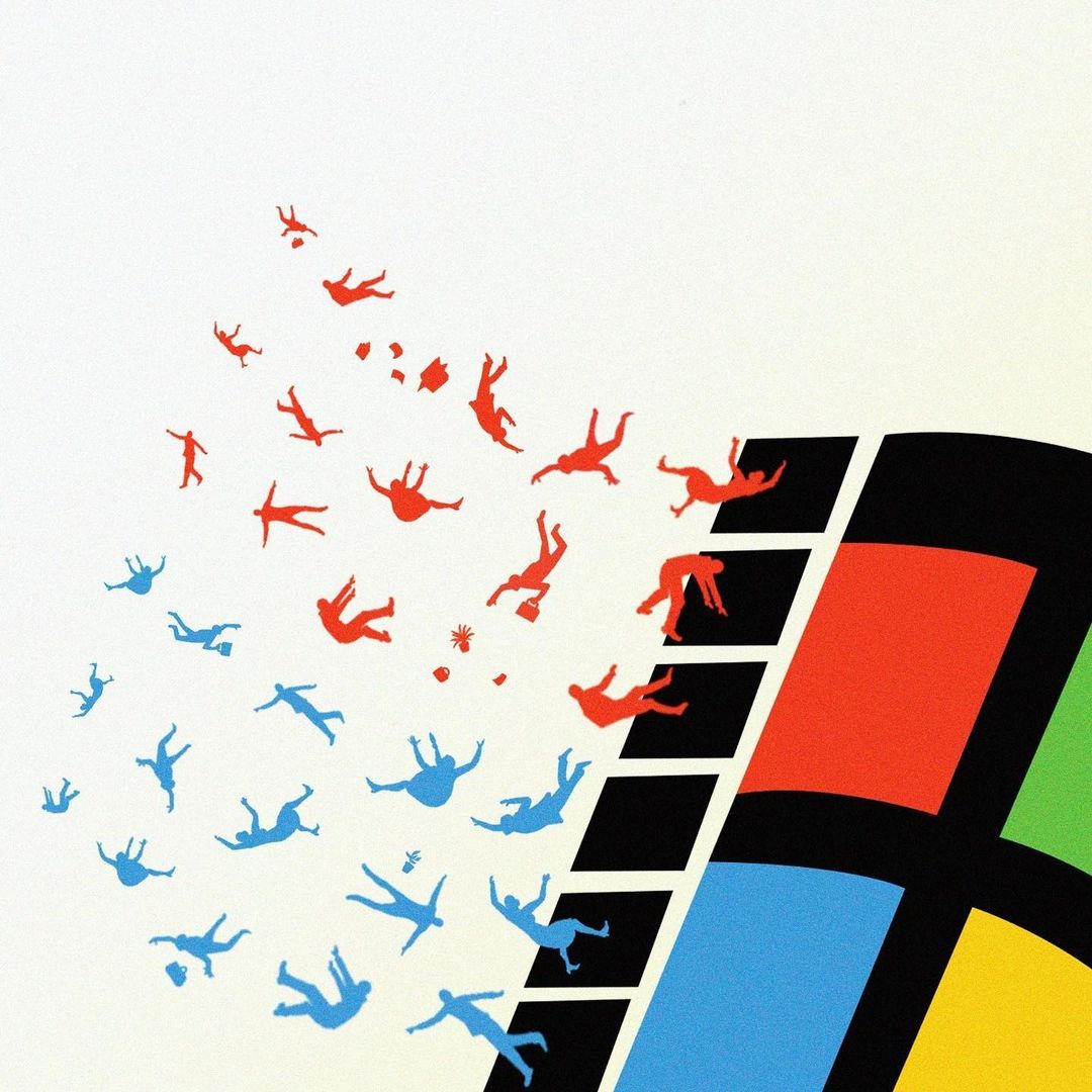Graphic art illustration depicting silhouetted figures falling away from a stylized colorful windows computer logo on a white background.