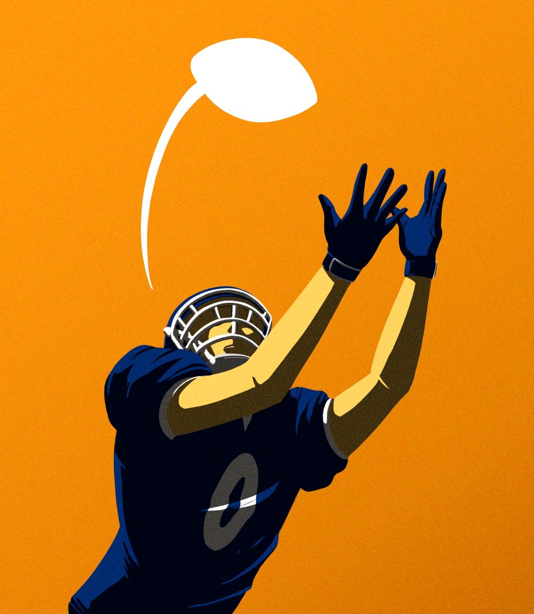 Illustration of football player reaching for a ball with navy uniform, helmet, gloves, orange backdrop, and stylized aesthetic.